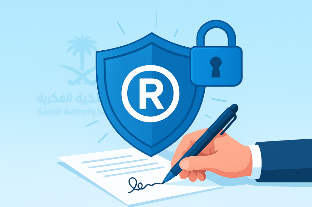صورة تُظهر علامة تجارية (لوجو) محمية بقفل أو درع رقمي، أو يد توقع على