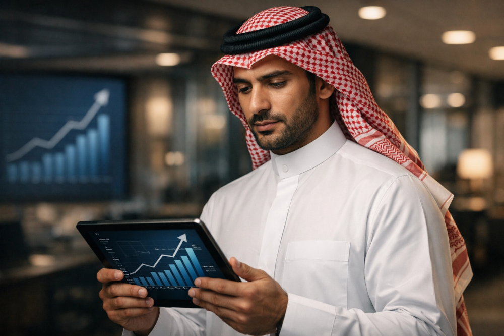 رائد أعمال سعودي يرتدي الثوب والشماغ يراجع بيانات مالية ورسوم بيانية ل