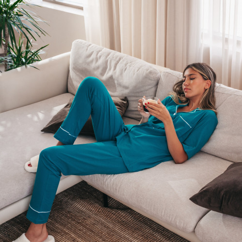 بيجاما قطن ازرق مخضر - TEAL