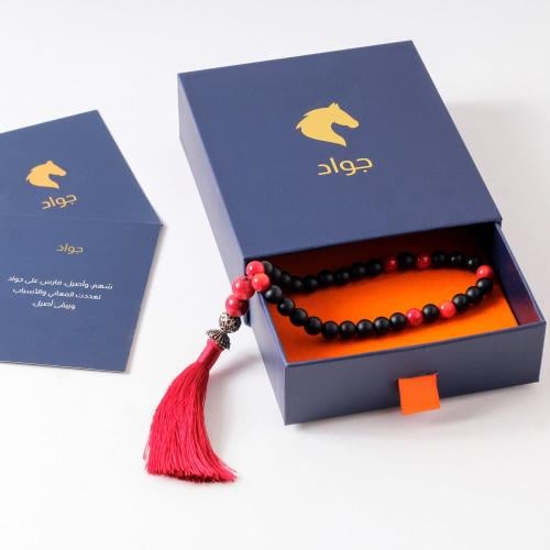 سبحة بفواصل فضة خرز صناعي أسود وحجر المرجان الأحمر...