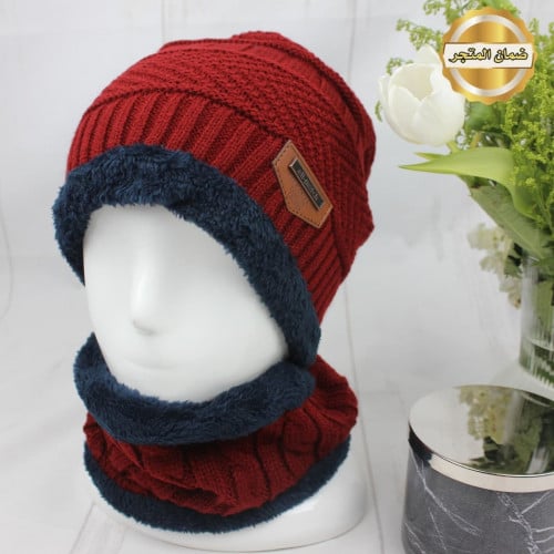 طقم طاقيه وربطة عنق صوف احمر