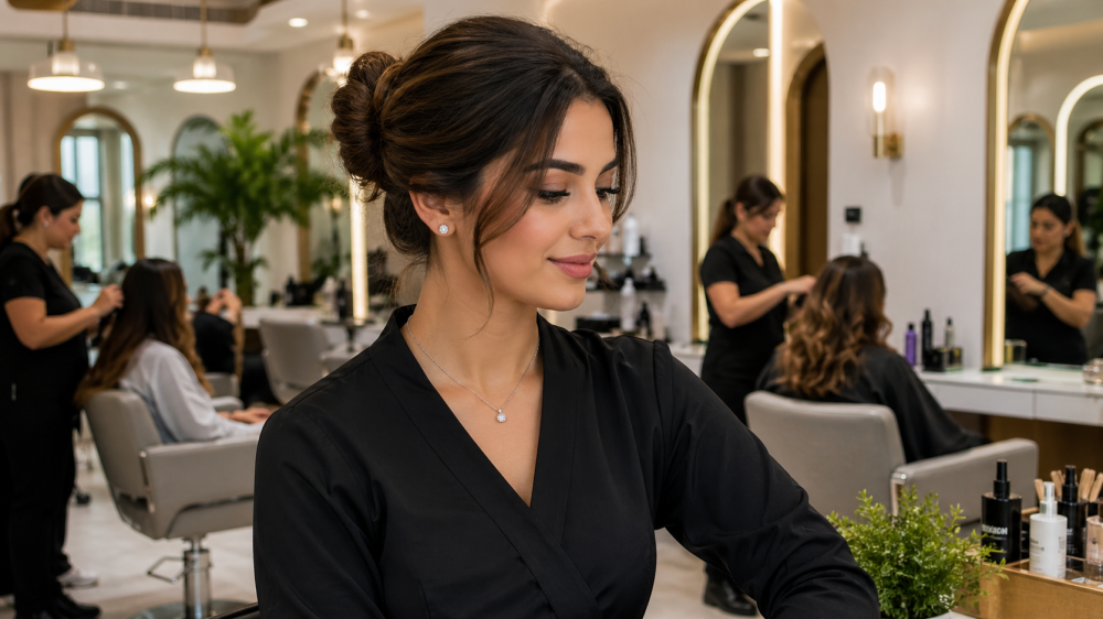 امرأة داخل صالون تجميل أنيق ترتدي عقد وحلق ألماس ناعم بإطلالة راقية، و