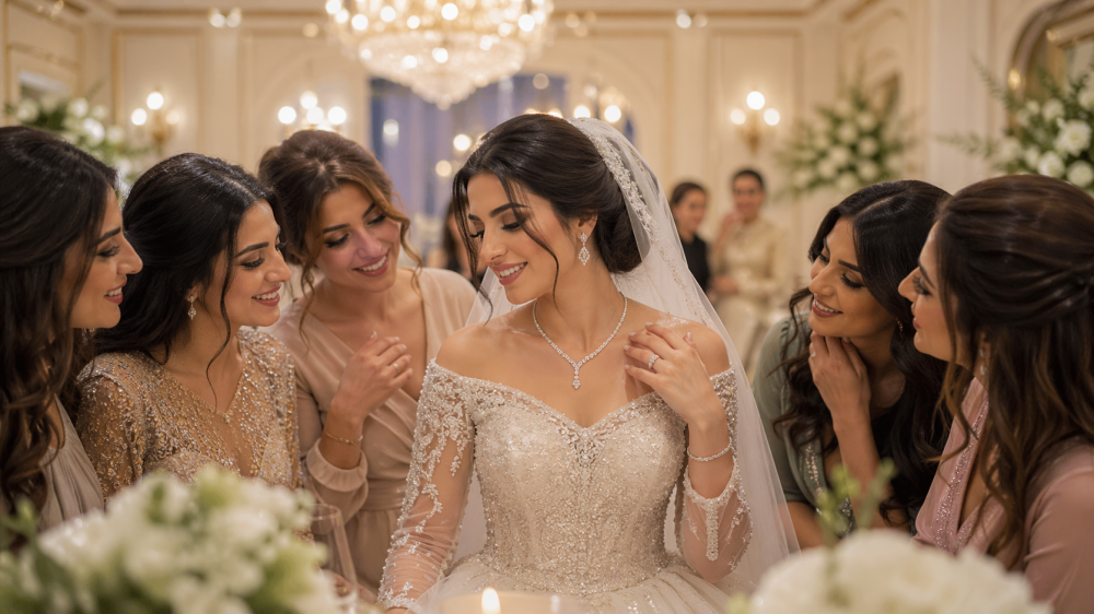 عروس ترتدي طقم ألماس ناعم بتصميم أنيق داخل محل مجوهرات فاخر
