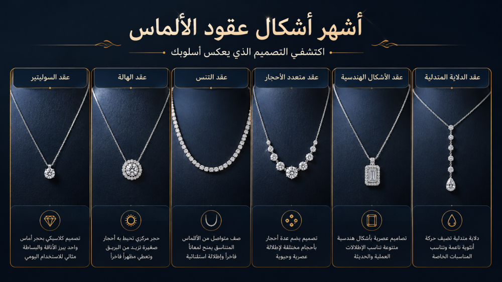 أشكال عقود الألماس | دليل اختيار العقد المناسب لكِ