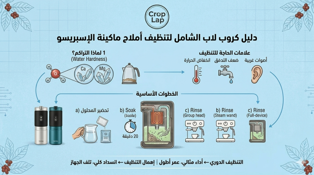 دليل تنظيف وترسيب أملاح ماكينات الإسبريسو Descaling : كيف تحميها وتضمن كوباً مثالياً؟