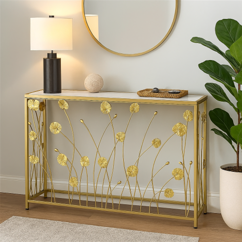 طاولة مدخل بتصميم فاخر – هيكل معدني ذهبي بلمسة فني...