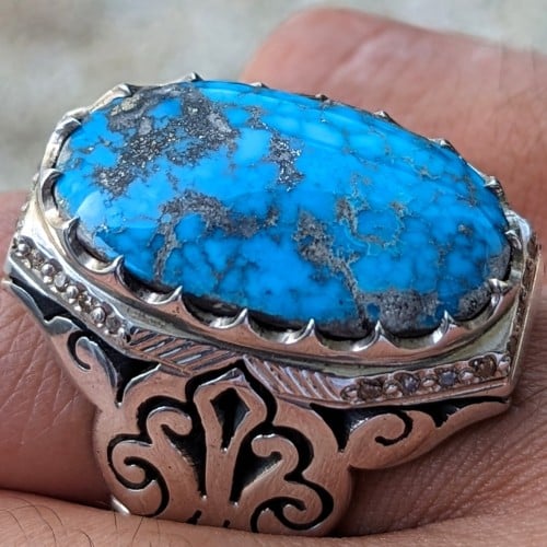 خاتم فيروز نيشابوري أصلي طبيعي أزرق مرصع ألماس صياغة حجت