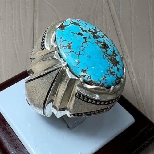 خاتم فيروز نيشابوري طبيعي أصلي أزرق صياغة أمين