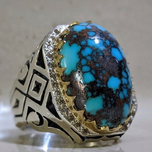 خاتم فيروز نيشابوري أصلي طبيعي حسيني مرصع ألماس صياغة حجت