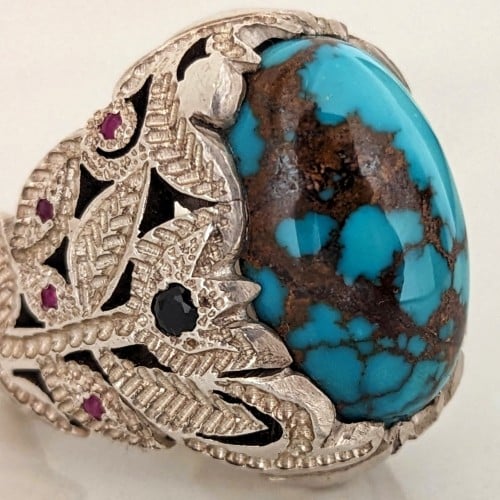 خاتم فيروز نيشابوري أصلي طبيعي حسيني أخضر عروق سود صياغة جراح مع شهادة