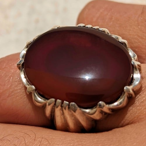 خاتم عقيق يماني أصلي طبيعي أحمر رماني دموي صياغة عقيل