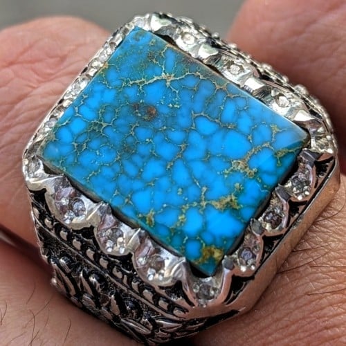خاتم فيروز نيشابوري طبيعي أصلي شجري قطع مربع مرصع ألماس