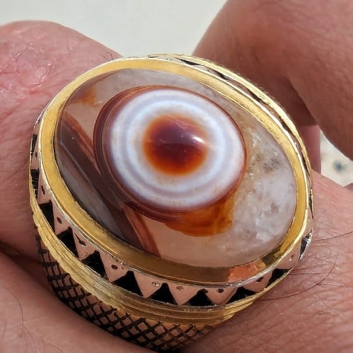 خاتم عقيق سليماني هندي أصلي طبيعي عين مطوقة في المنتصف صياغة قاسمي