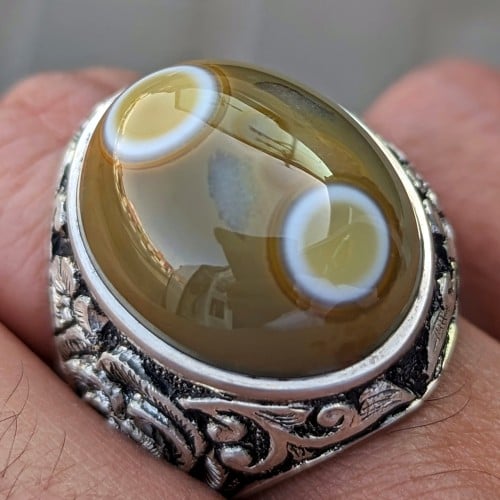 خاتم عقيق سليماني هندي أصلي طبيعي أخضر عينين نوادر