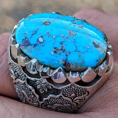 خاتم فيروز نيشابوري طبيعي أصلي أزرق صياغة جراح مع الشهادة