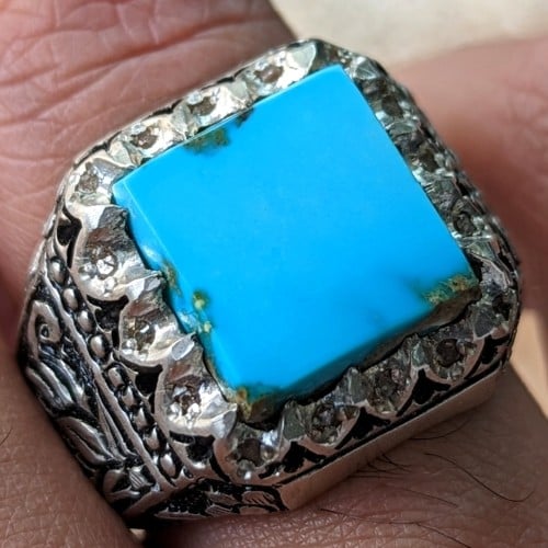 خاتم فيروز نيشابوري طبيعي أصلي صافي أزرق مرصع ١٦ ألماس صياغة حفر يدوي