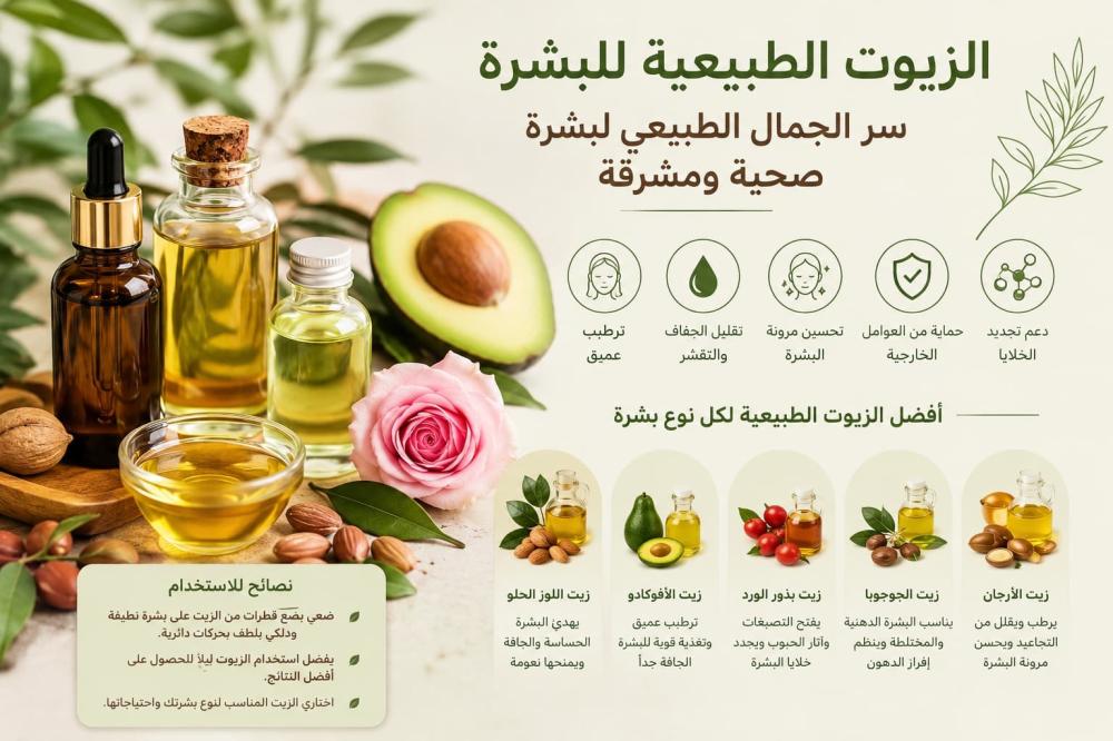 أفضل زيوت طبيعية للبشرة | ترطيب وتفتيح ونضارة طبيعية