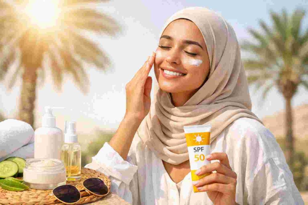 "فتاة عربية تعتني ببشرتها في الجو الحار بالسعودية، باستخدام ترطيب وواق