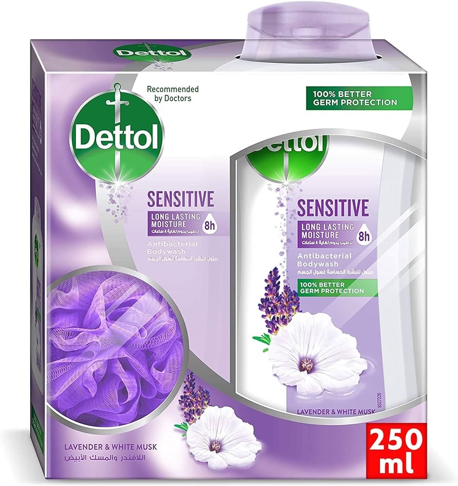 ديتول غسول الجسم للبشرة الحساسة باللافندر والمسك (250) مل مع ليفة