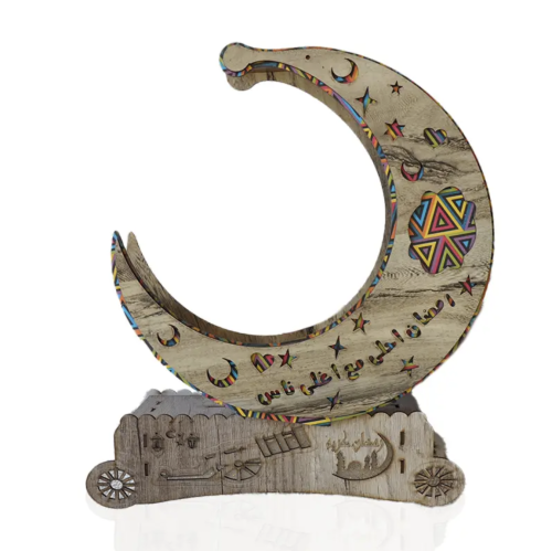 هلال خشب ديكور مع قاعدة وفانوس معلق