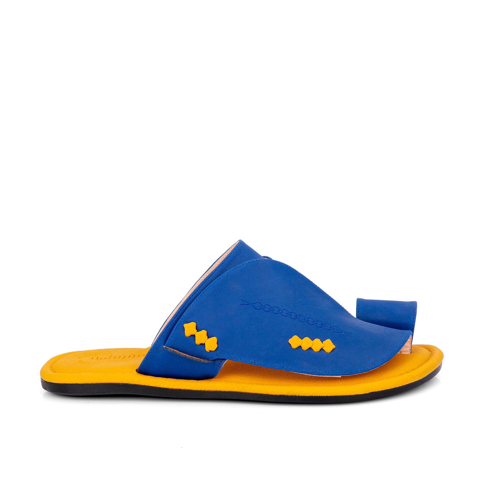 نعال خليجي باصبع جلد أزرق وأرضية صفراء طبية