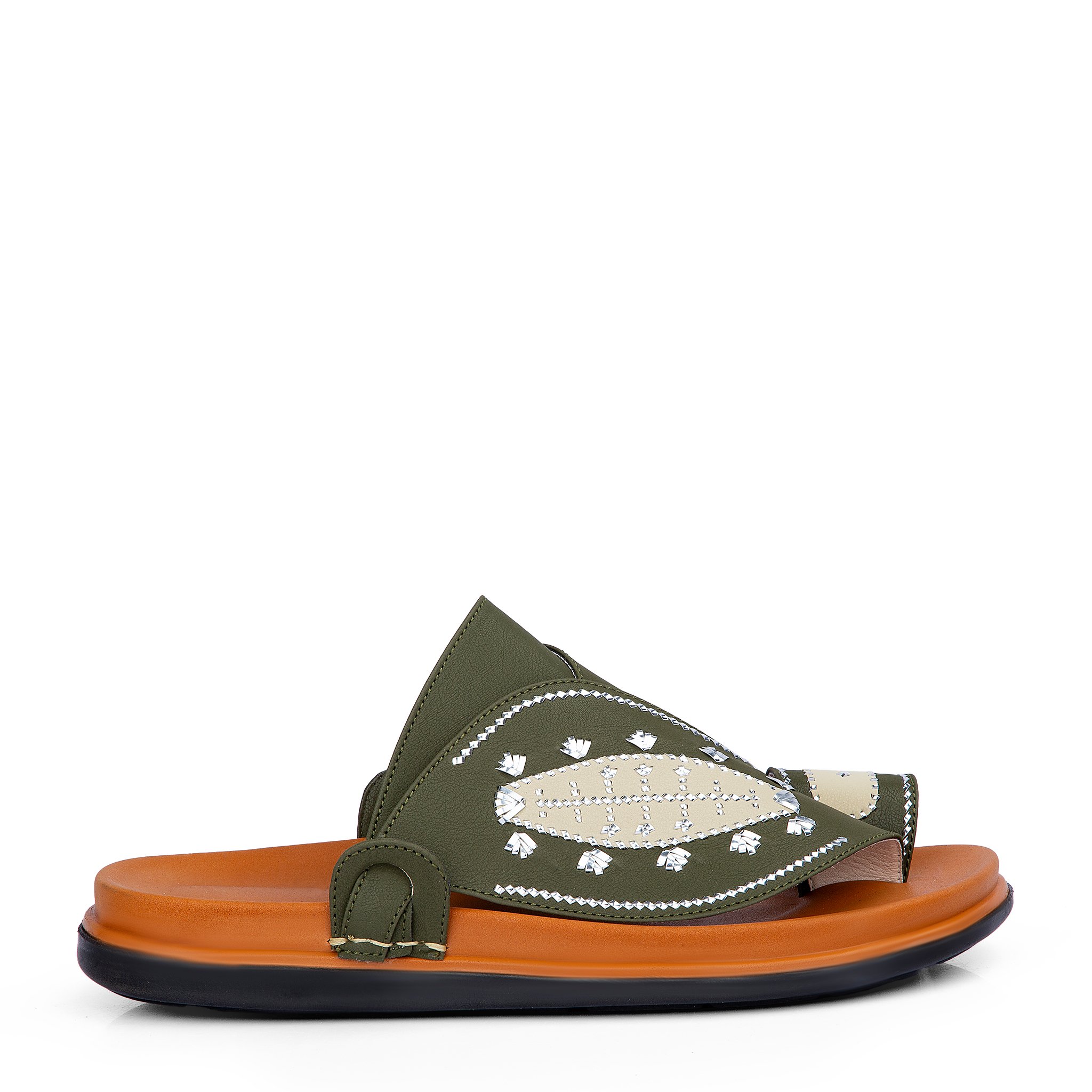 نعال شرقي طبي جلد زيتي مطرّز