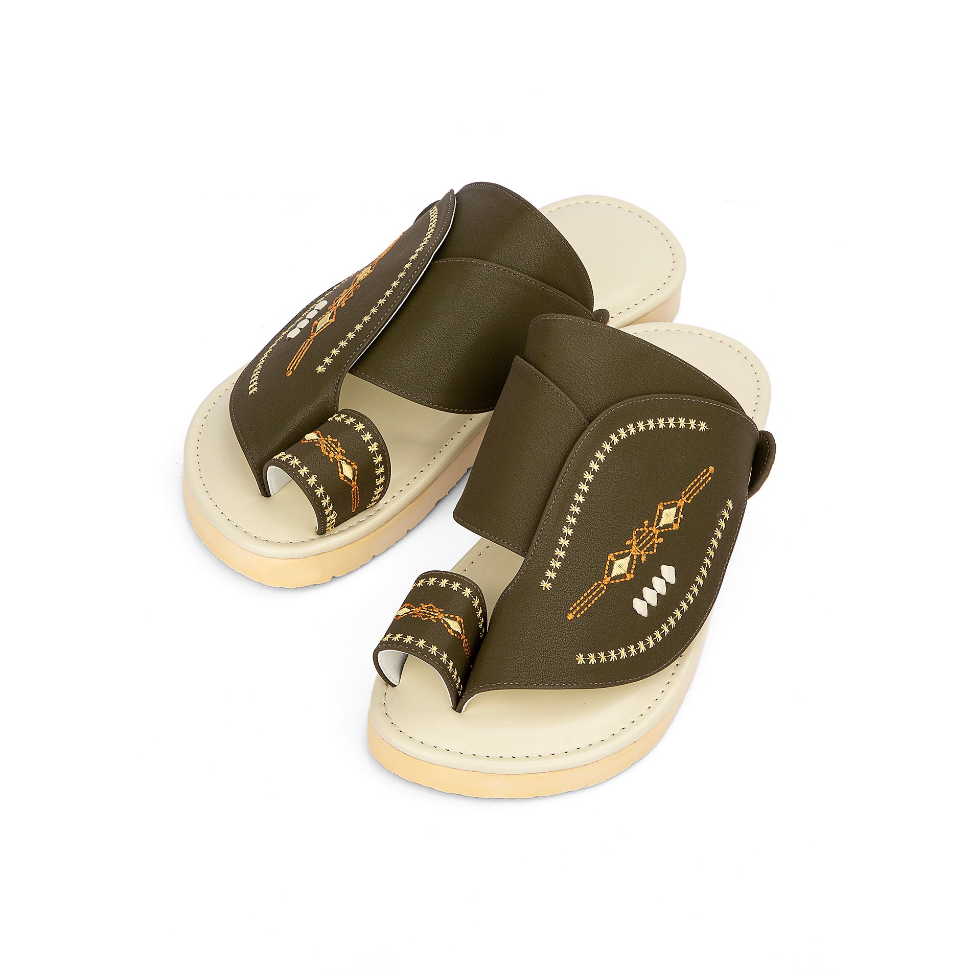 نعال شرقي طبي جلد زيتي غامق مطرز