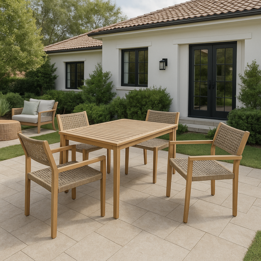 طقم سفرة خشبي خارجي 5 قطع  طاولة وأربعة كراسي بتصميم طبيعي أنيق