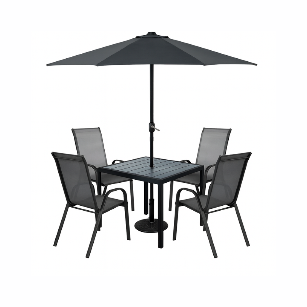 طقم طاولة طعام أسود مع مظلة و4 كراسي