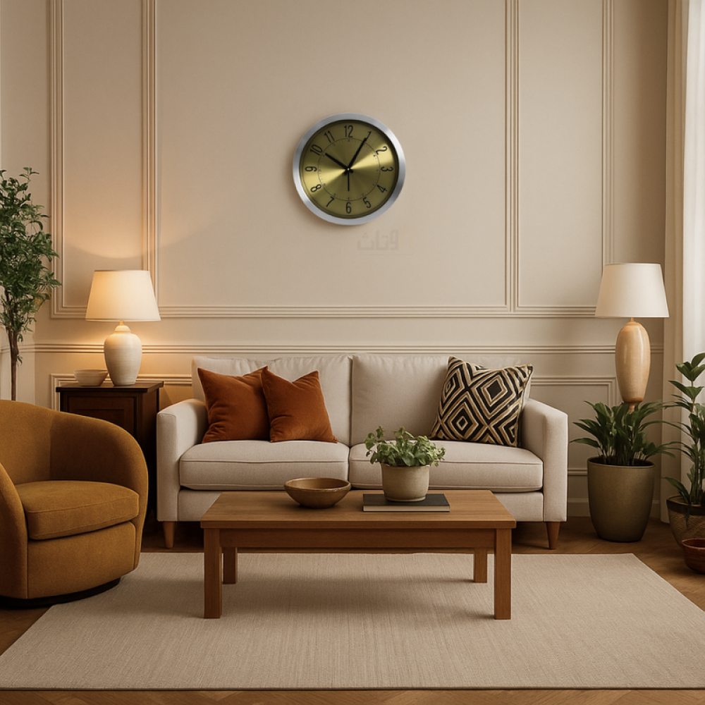 ساعة حائط عصرية بإطار فضي ولمسة ذهبية لامعة