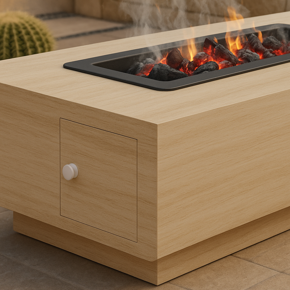 موقد نار مستطيل بدرج تخزين من الرخام الصناعي – بيج