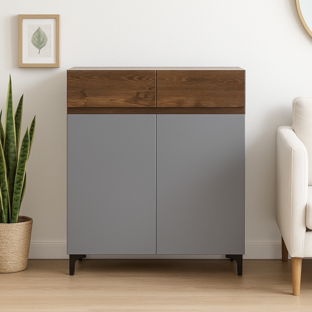 دولاب أحذية خشب صلب ببابين بلون بني ورمادي