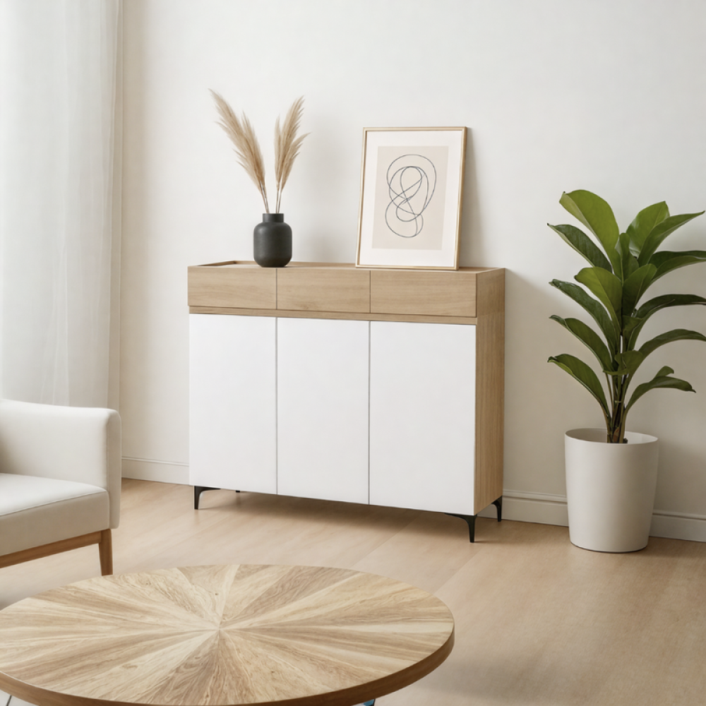 دولاب أحذية خشب صلب بثلاثة أبواب بلون بيج وأبيض