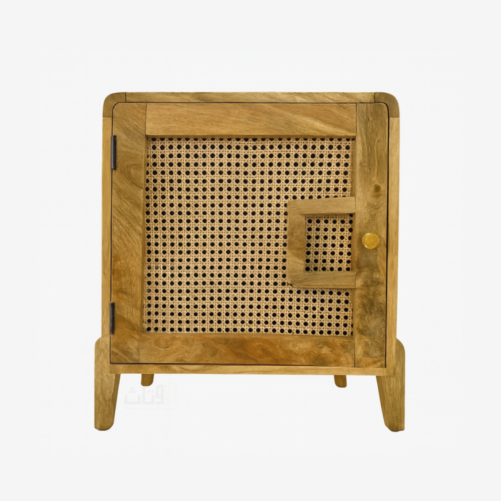 خزانة جانبية خشبية بتصميم شبكي أنيق- بيج