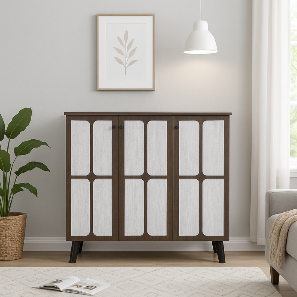 خزانة أحذية خشب صلب بثلاثة أبواب – لون بني – مساحة تخزين عملية