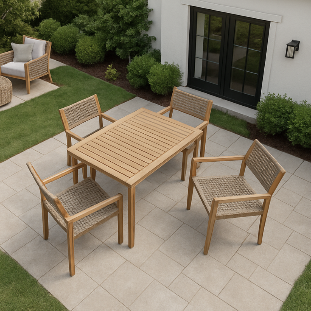 طقم سفرة خشبي خارجي 5 قطع  طاولة وأربعة كراسي بتصميم طبيعي أنيق