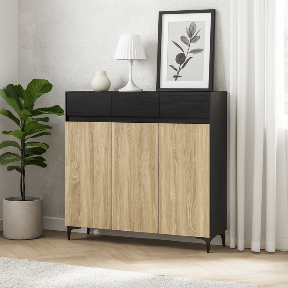 دولاب أحذية خشب صلب بثلاثة أبواب بلون أسود وبيج