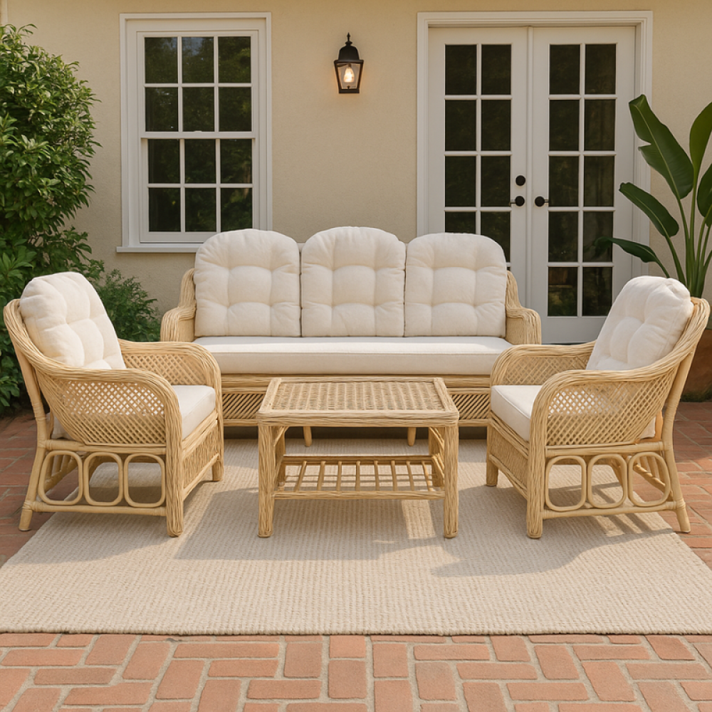 طقم جلسة خيزران طبيعي بلون بيج وأوف وايت بإتقان حرفي هندي