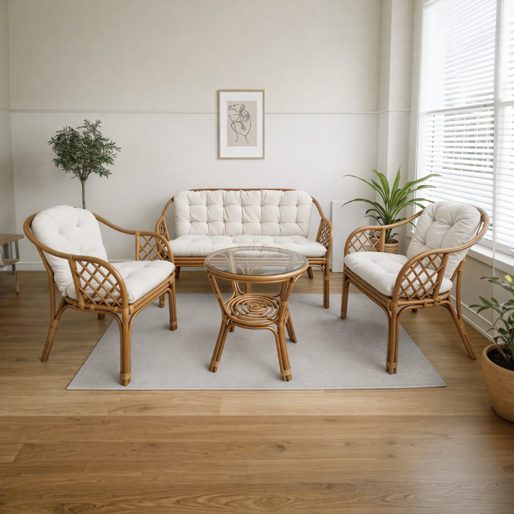 طقم جلسة خشبي بلون بني وأوف وايت بتفاصيل هندية فاخرة