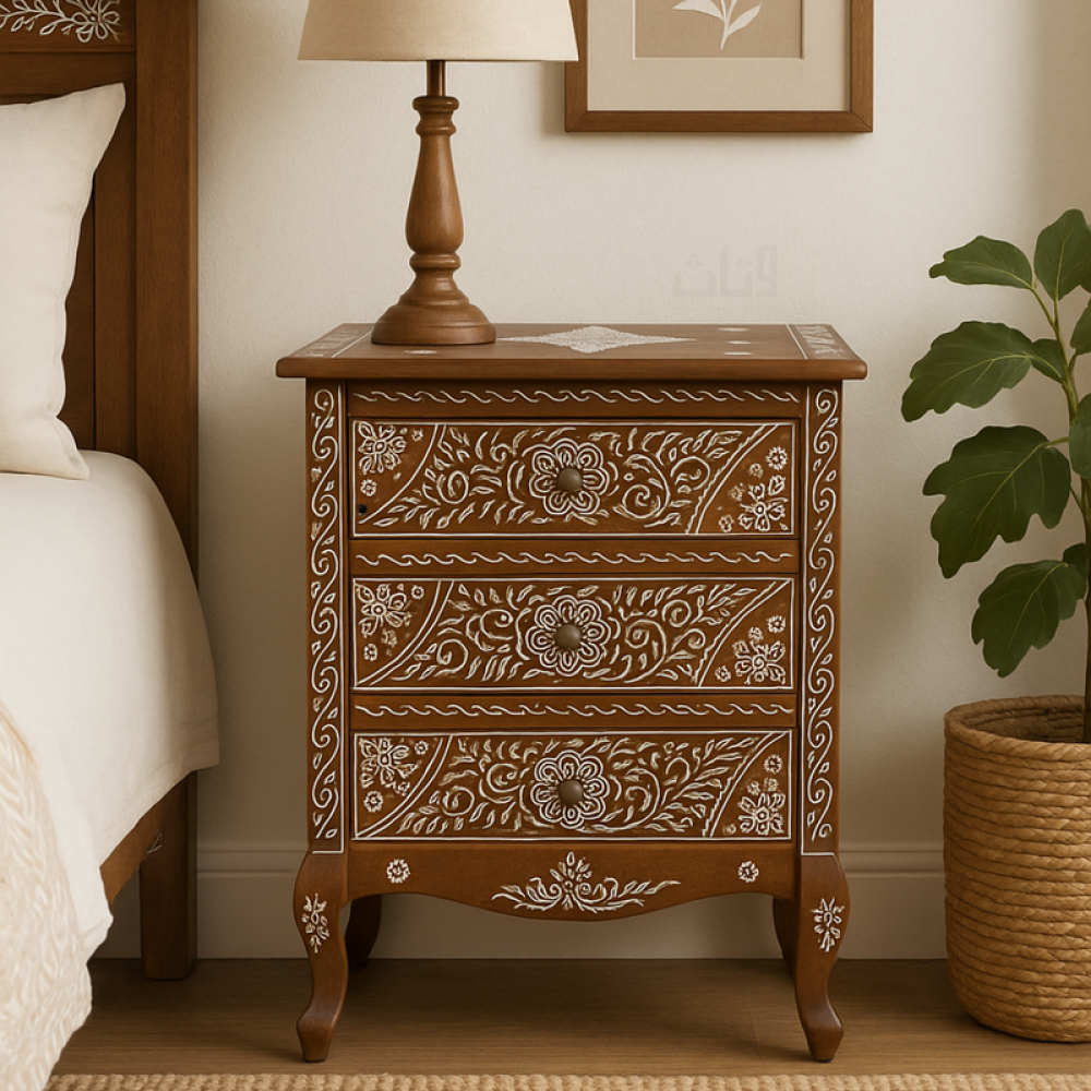 خزانة خشبية بثلاثة أدراج مزينة بنقوش دقيقة بني