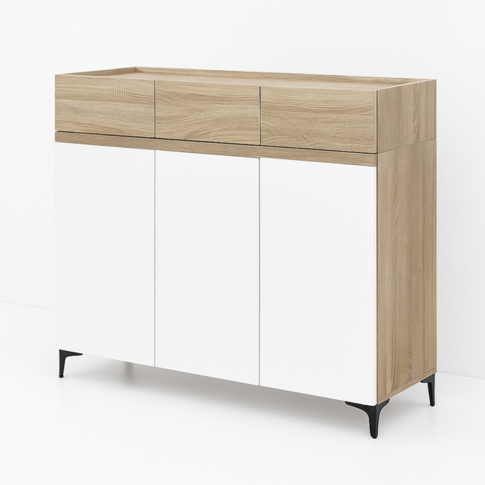 دولاب أحذية خشب صلب بثلاثة أبواب بلون بيج وأبيض