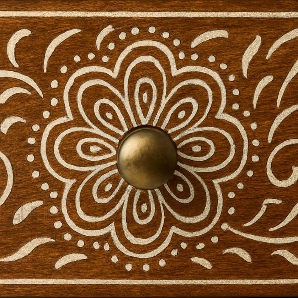 خزانة خشبية بثلاثة أدراج مزينة بنقوش دقيقة-بني غامق