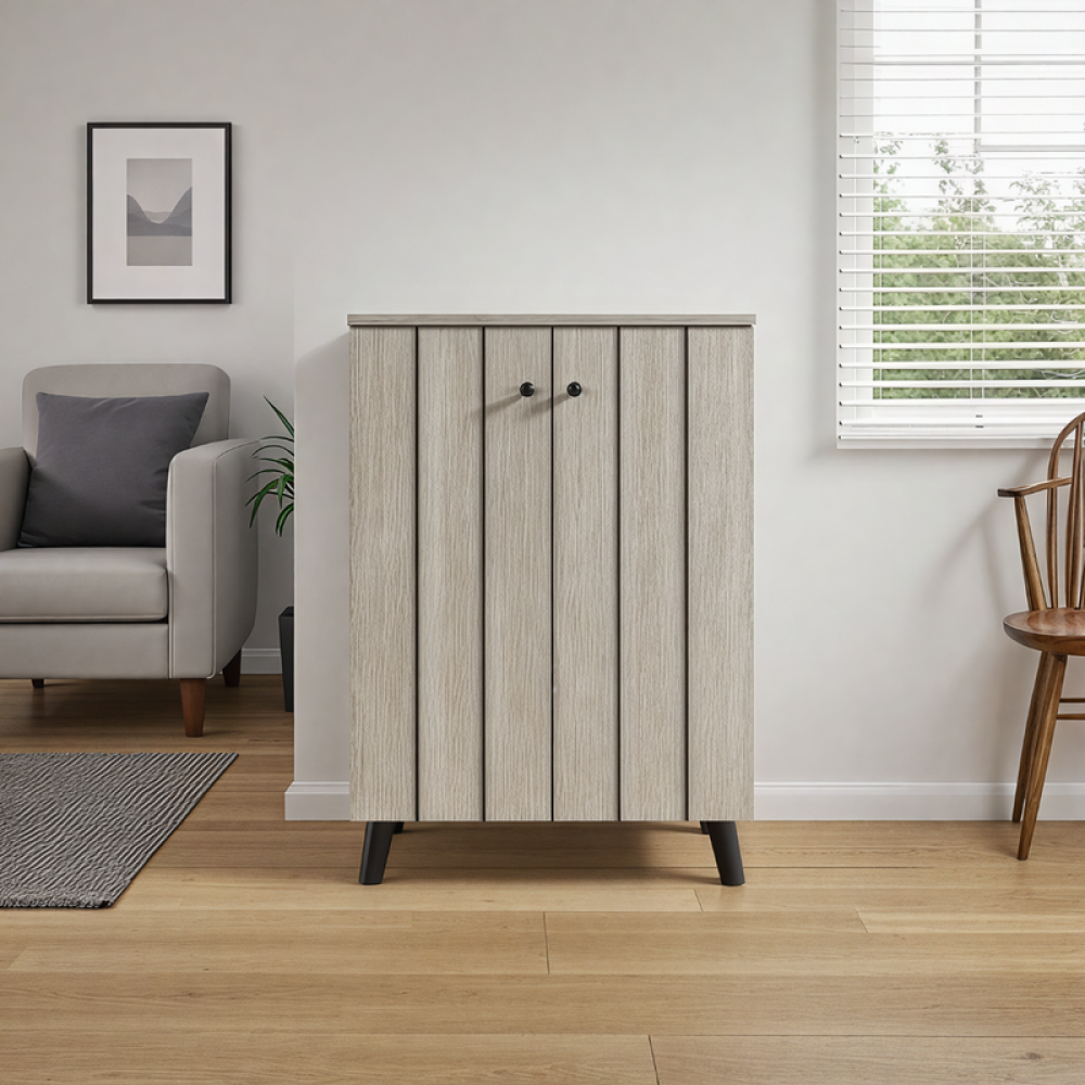 خزانة أحذية خشب صلب ببابين لون رمادي تصميم عصري مدمج