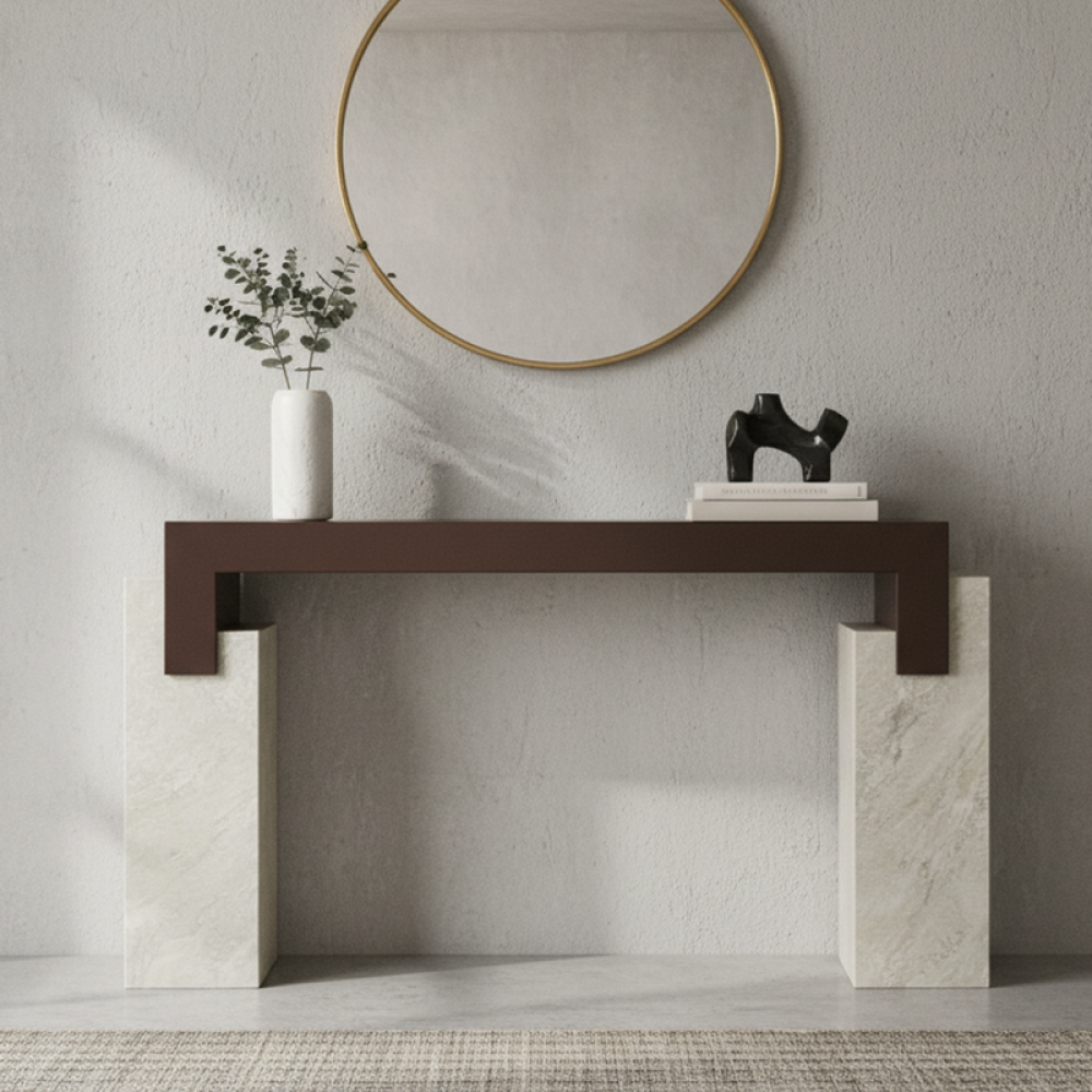 طاولة مدخل كبيرة باللون البني بسطح رخامي  وإطار خشبي فاخر