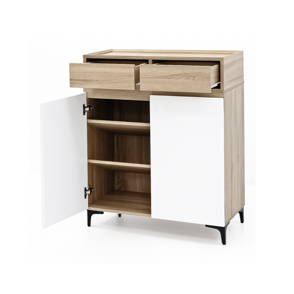 دولاب أحذية خشب صلب ببابين بلون بيج وأبيض