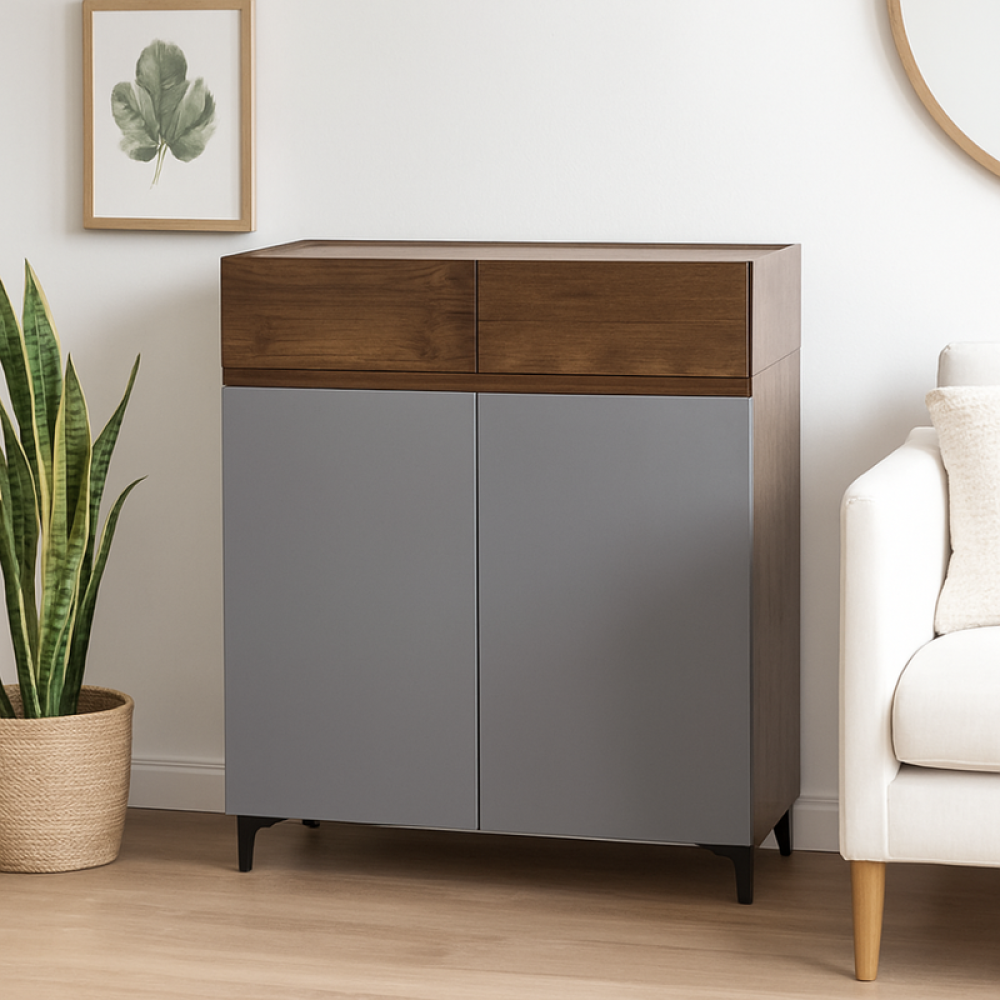 دولاب أحذية خشب صلب ببابين بلون بني ورمادي