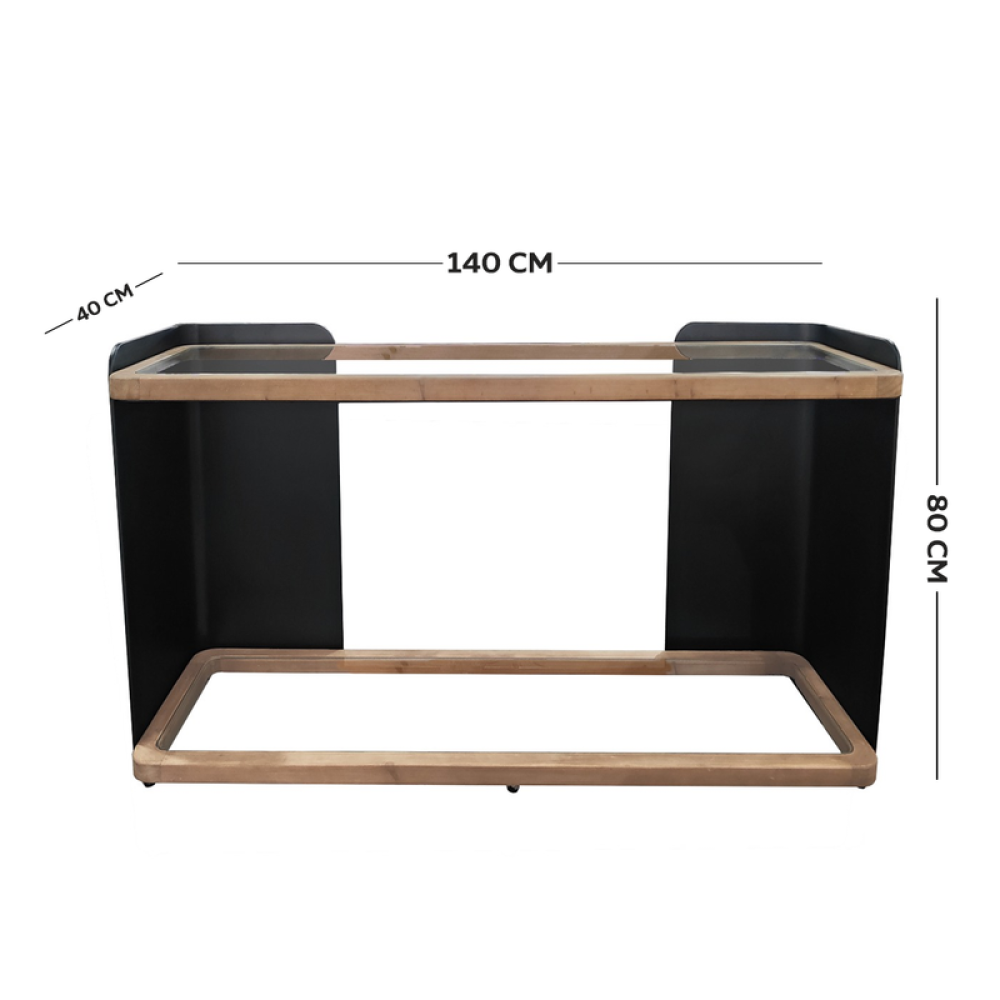 طاولة مدخل زجاجية بإطار معدني بلون بني وأسود