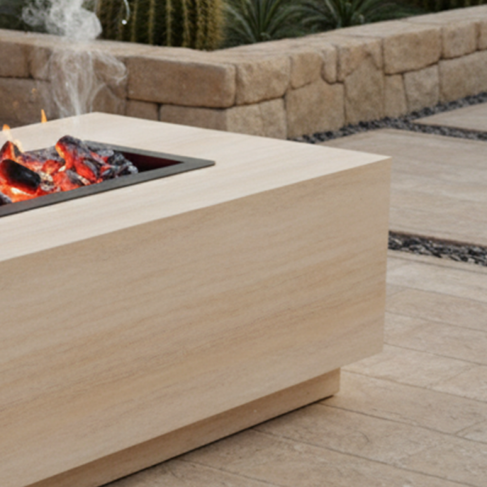 موقد نار مستطيل بدرج تخزين من الرخام الصناعي – بيج