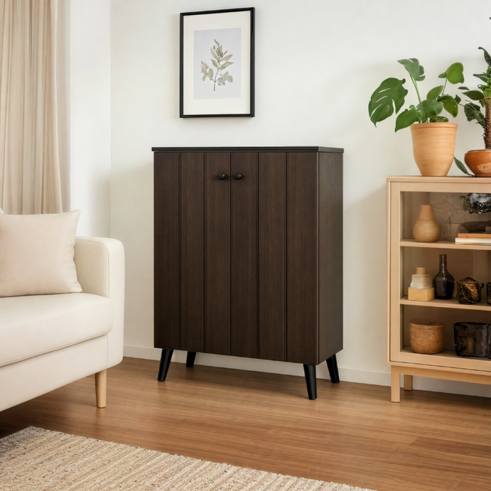 خزانة أحذية خشب صلب ببابين لون بني تصميم مدمج