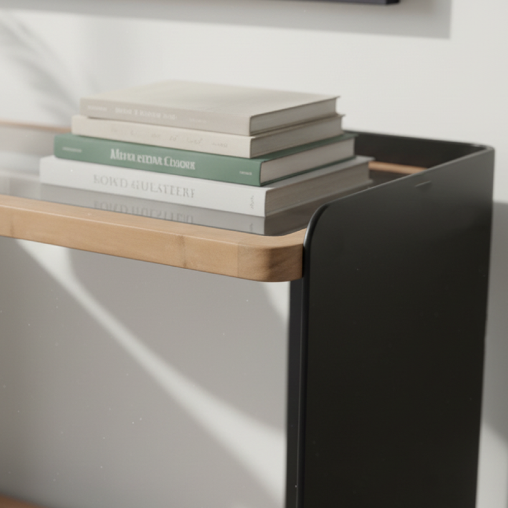 طاولة مدخل زجاجية بإطار معدني بلون بني وأسود